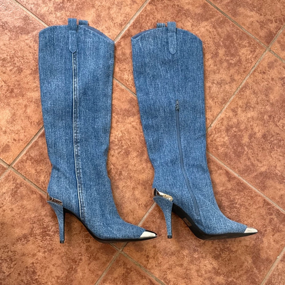Jeffrey Campbell Western Festival Denim Toe Knee High Boots Women 9.5 Blue